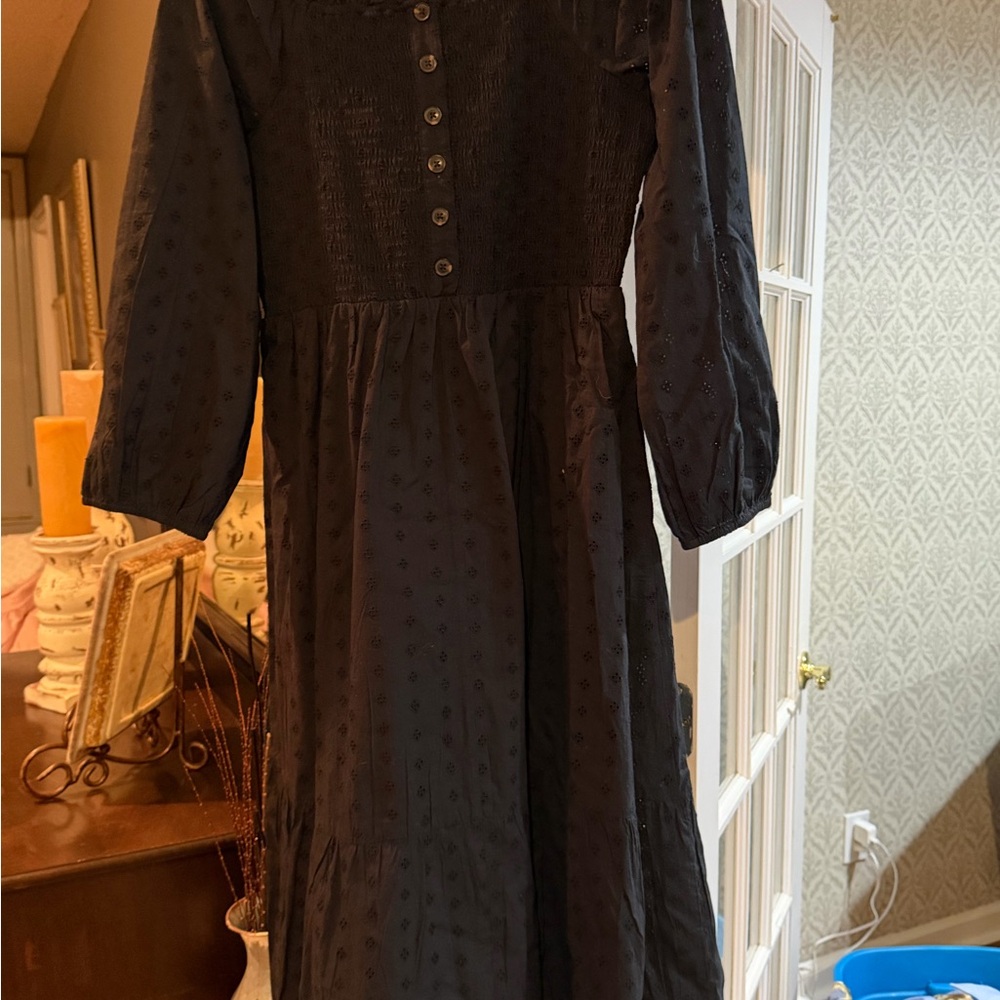 Girls' Long Sleeve Black Swiss Dot Dress